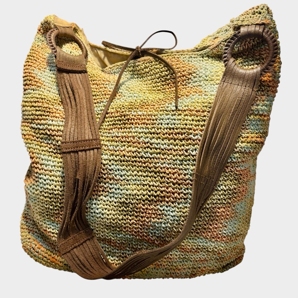 Express Knit Boho Bag Cream Orange Green Yellow Hobo Shoulder Bag Brown Straps - Picture 2 of 16